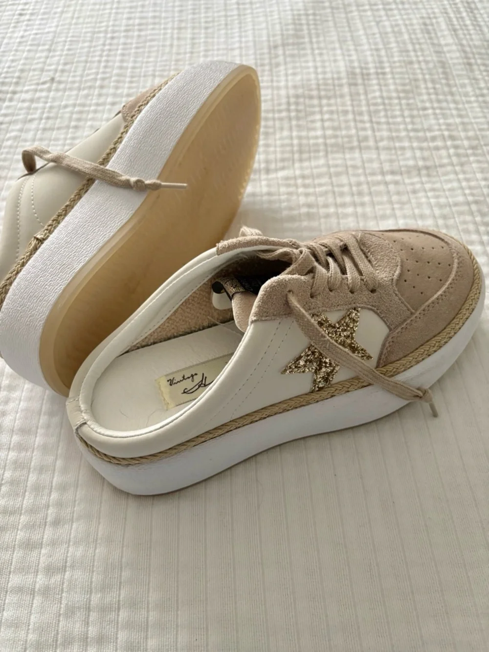 Vintage Havana Val Ream Taupe & Gold Glitter Star Rafia Platform Sneakers mules - Picture 2 of 7